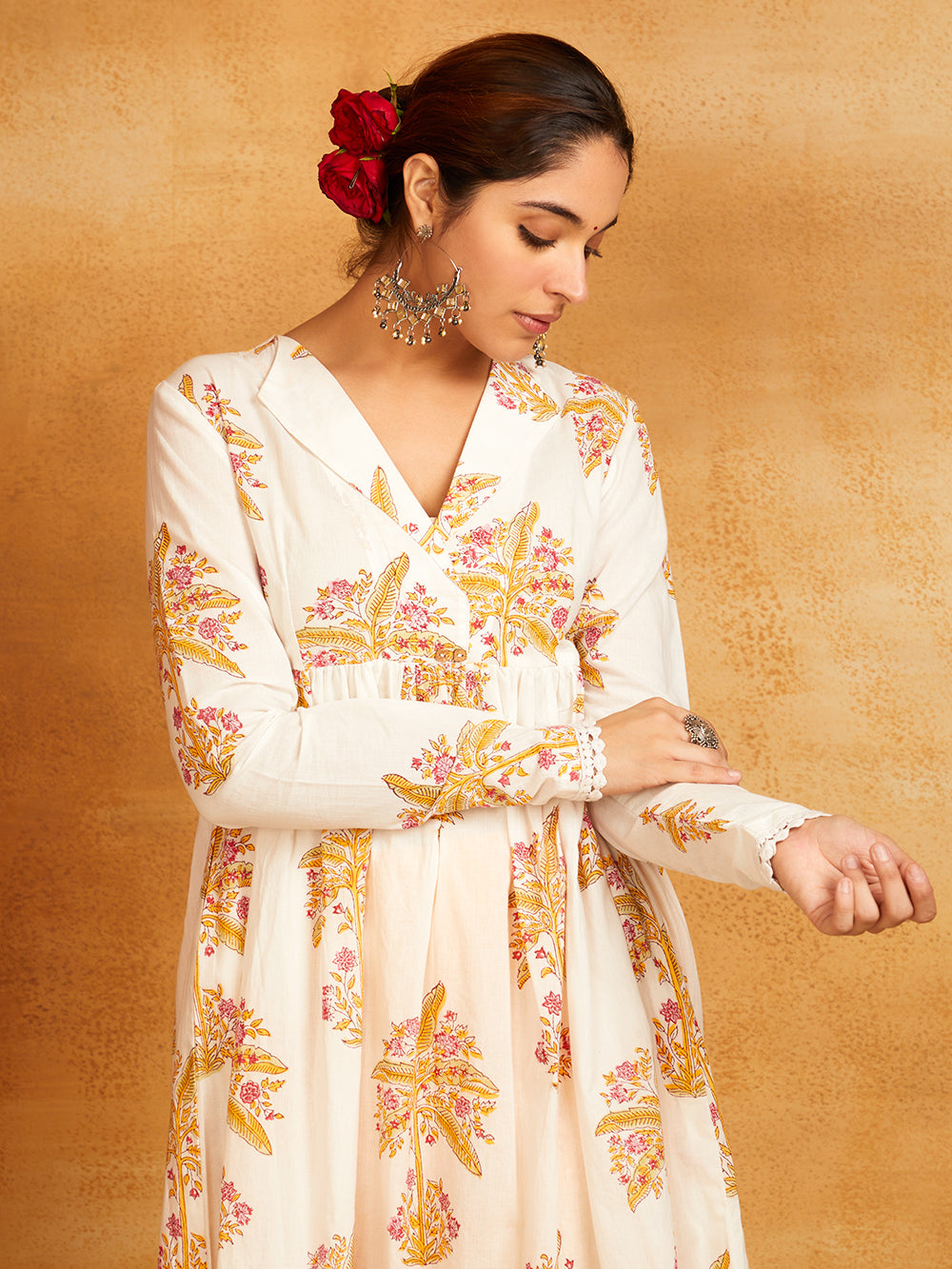 Mustard Block Printed Cotton Anarkali Kurta with Pants