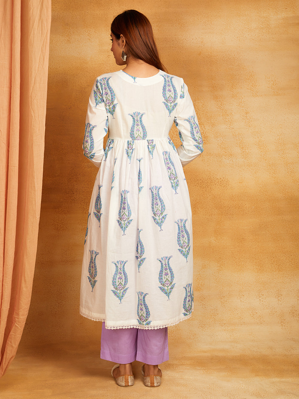 Purple Block Printed Cotton Anarkali Kurta