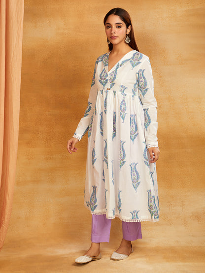 Purple Block Printed Cotton Anarkali Kurta with Pants