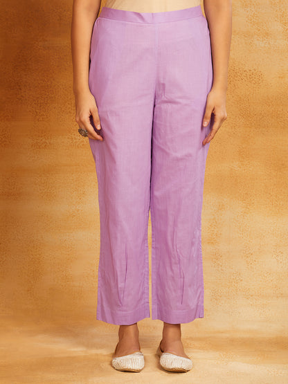 Purple Block Printed Cotton Anarkali Kurta with Pants