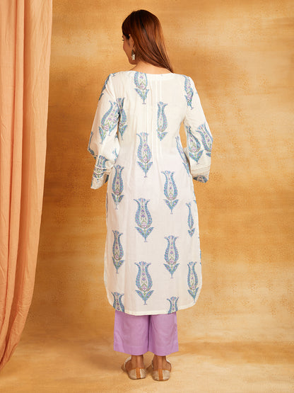 Purple Block Printed Cotton Lace Detailing Suit- Set of 3