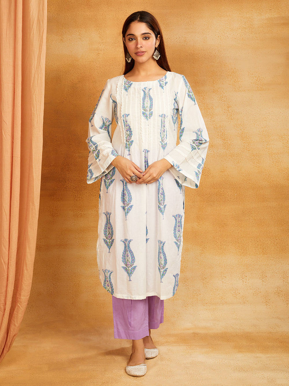 Purple Block Printed Cotton Lace Detailing Suit- Set of 3