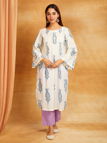 Purple Block Printed Cotton Lace Detailing Suit- Set of 3
