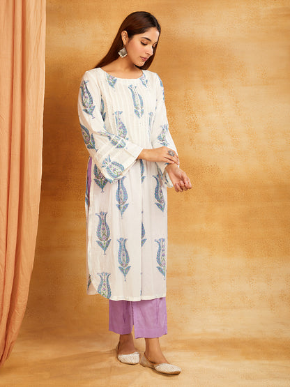 Purple Block Printed Cotton Lace Detailing Suit- Set of 3