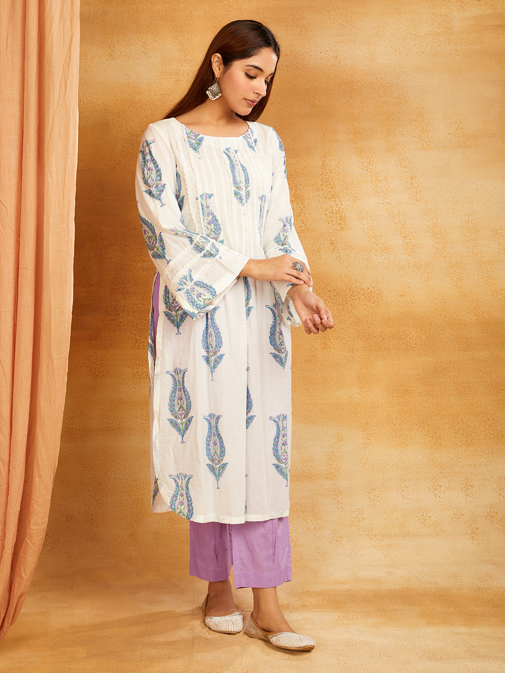 Purple Block Printed Cotton Kurta and Pant with Lace Detailing