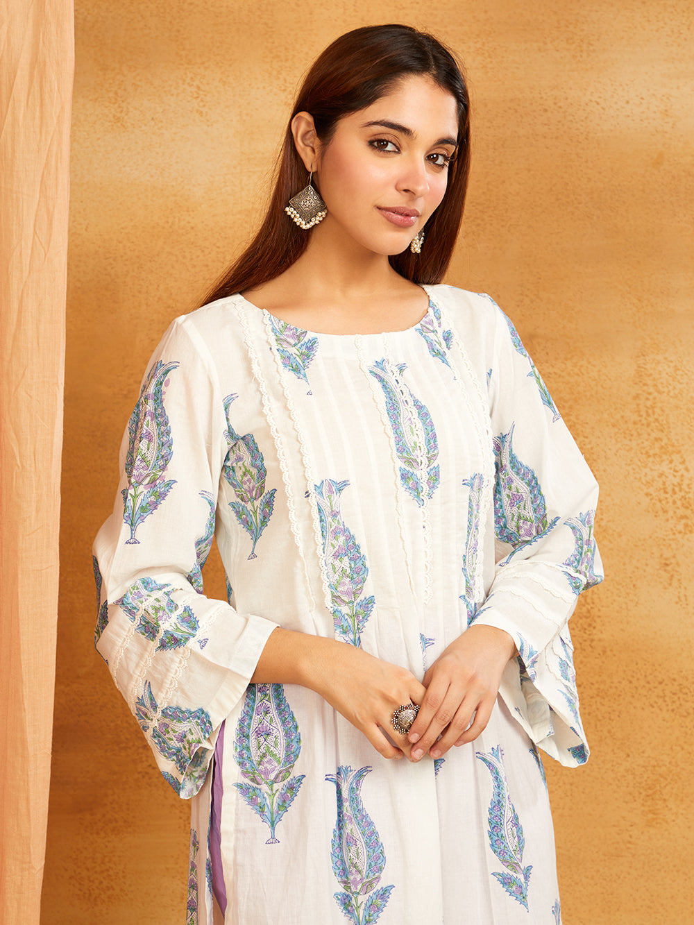 Purple Block Printed Cotton Lace Detailing Suit- Set of 3