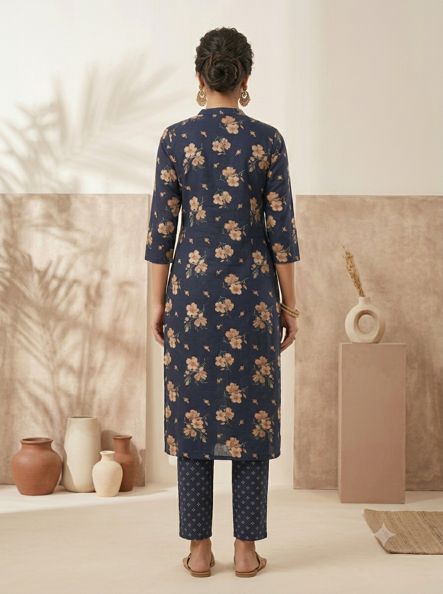 Navy Blue Floral Print Kurta Set