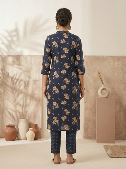 Navy Blue Floral Print Kurta Set