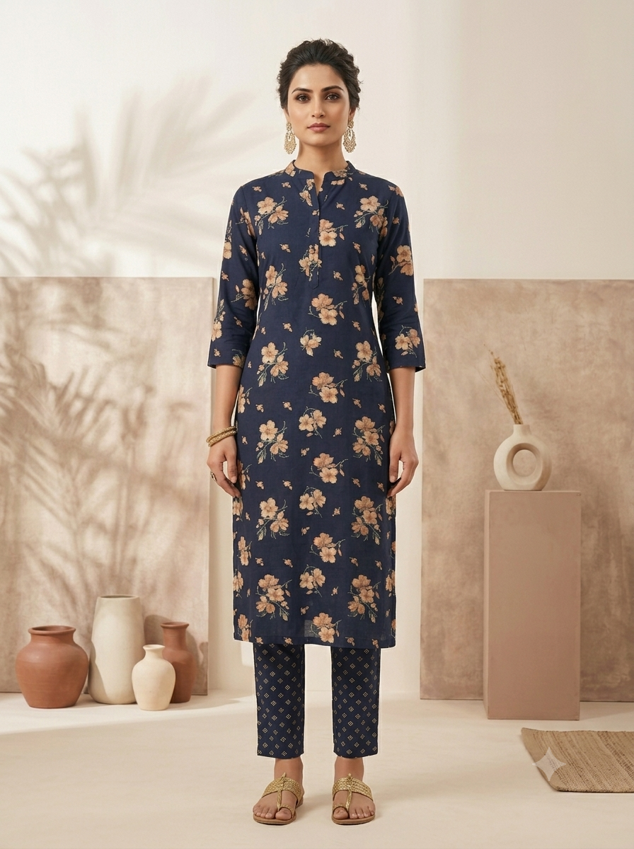 Navy Blue Floral Print Kurta Set