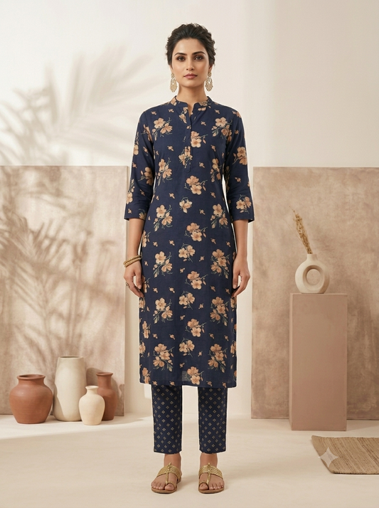 Navy Blue Floral Print Kurta Set