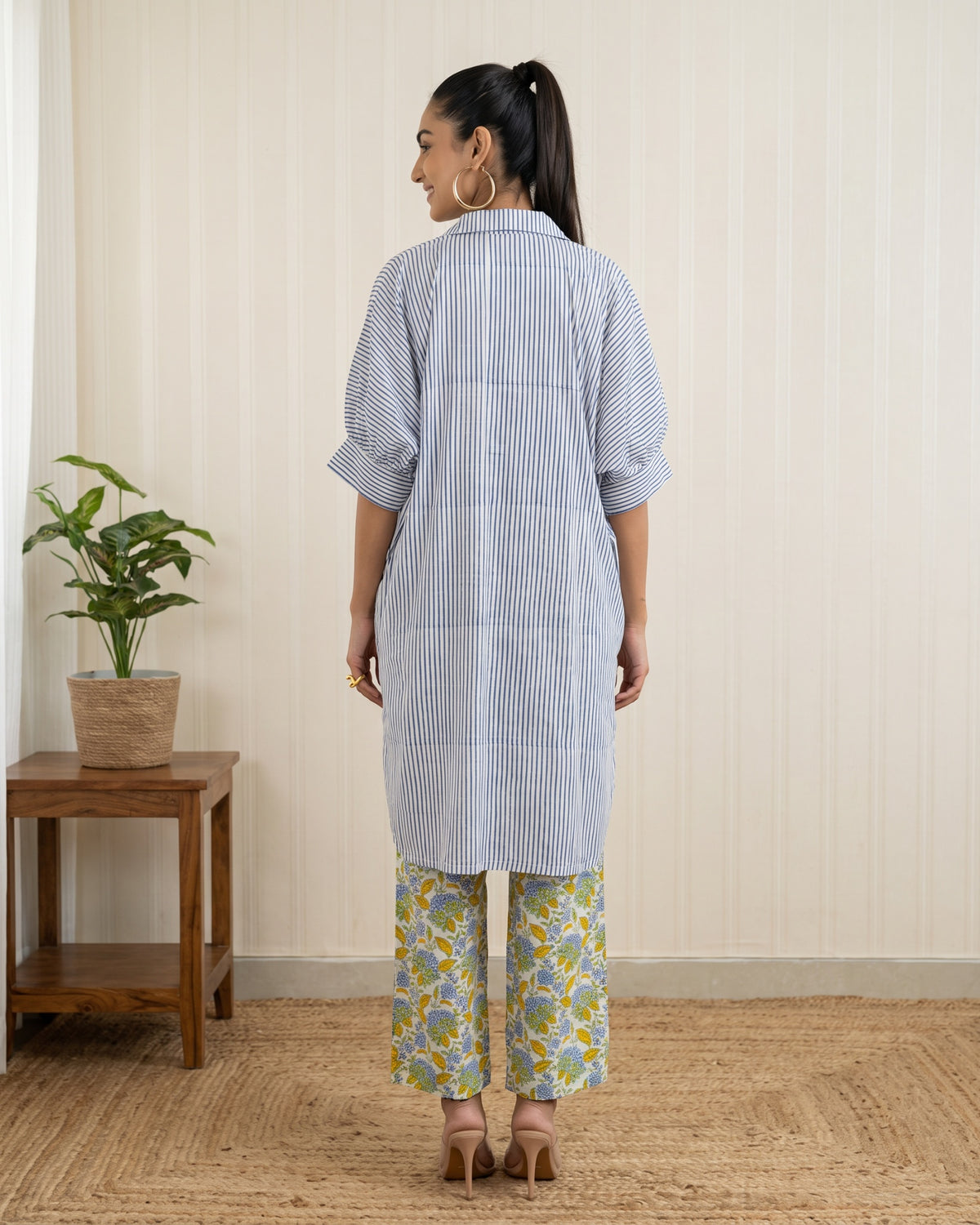 Blue & White Striped Cotton Shirt Kurta with Floral Printed Pants Co-ord Set