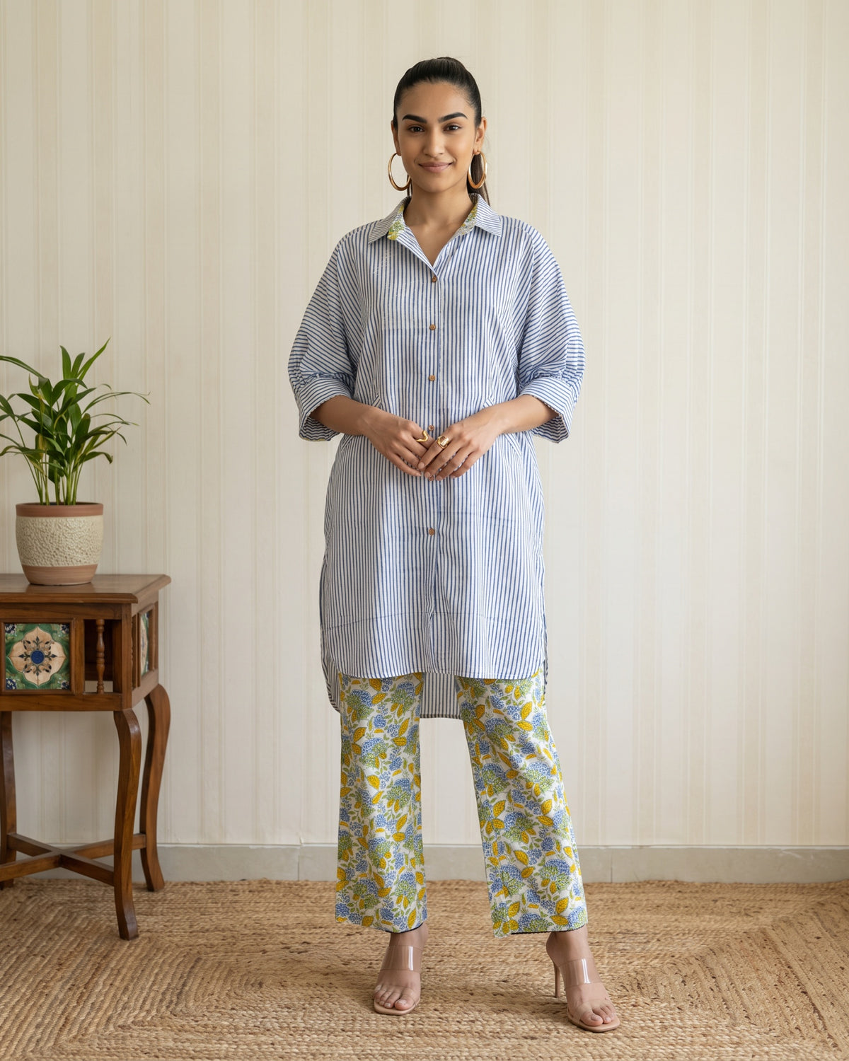 Blue & White Striped Cotton Shirt Kurta with Floral Printed Pants Co-ord Set