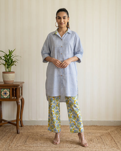 Blue & White Striped Cotton Shirt Kurta with Floral Printed Pants Co-ord Set