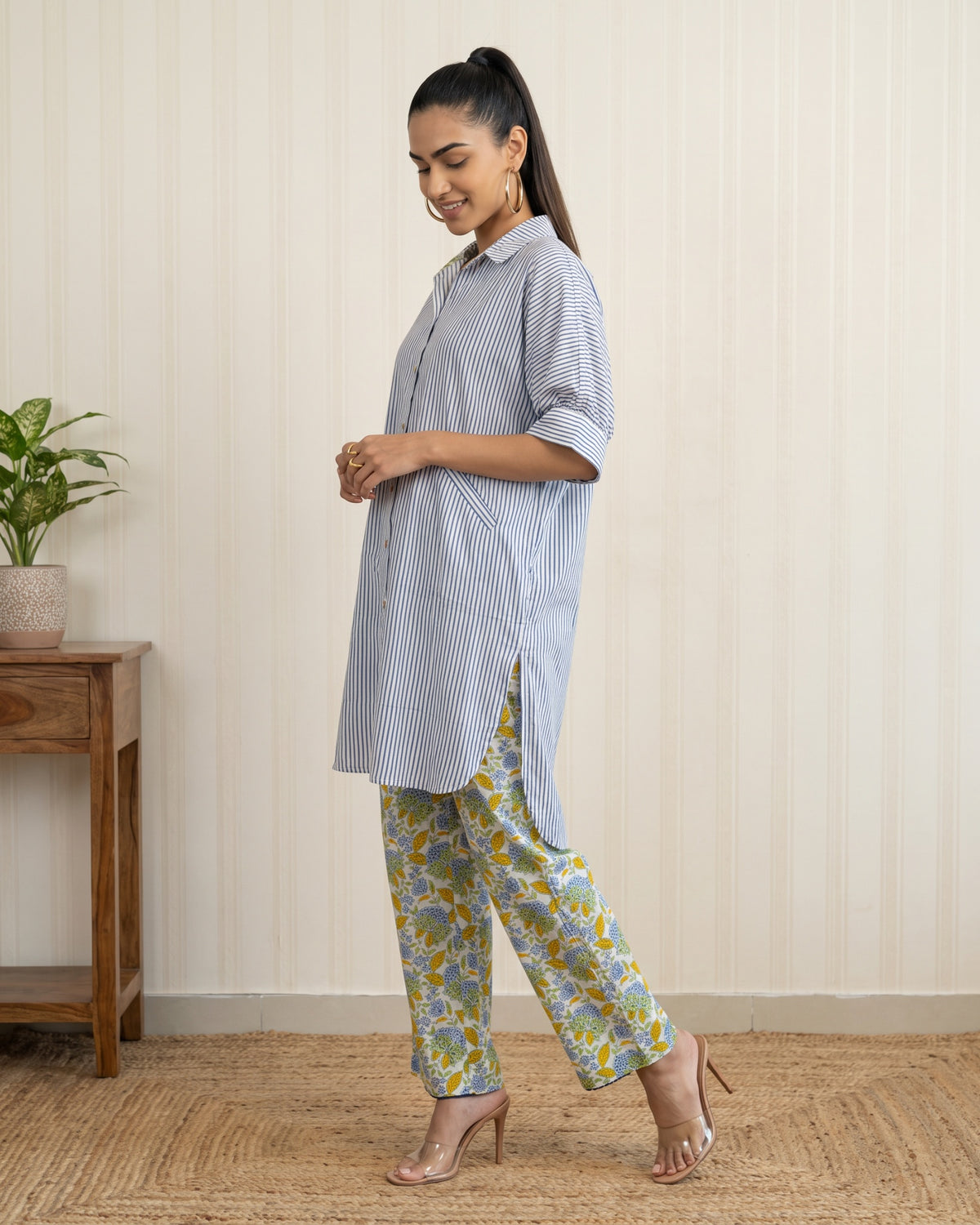 Blue & White Striped Cotton Shirt Kurta with Floral Printed Pants Co-ord Set