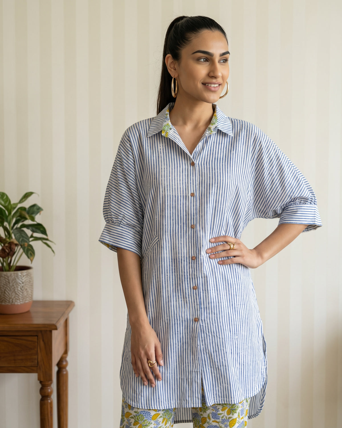 Blue & White Striped Cotton Shirt Kurta with Floral Printed Pants Co-ord Set