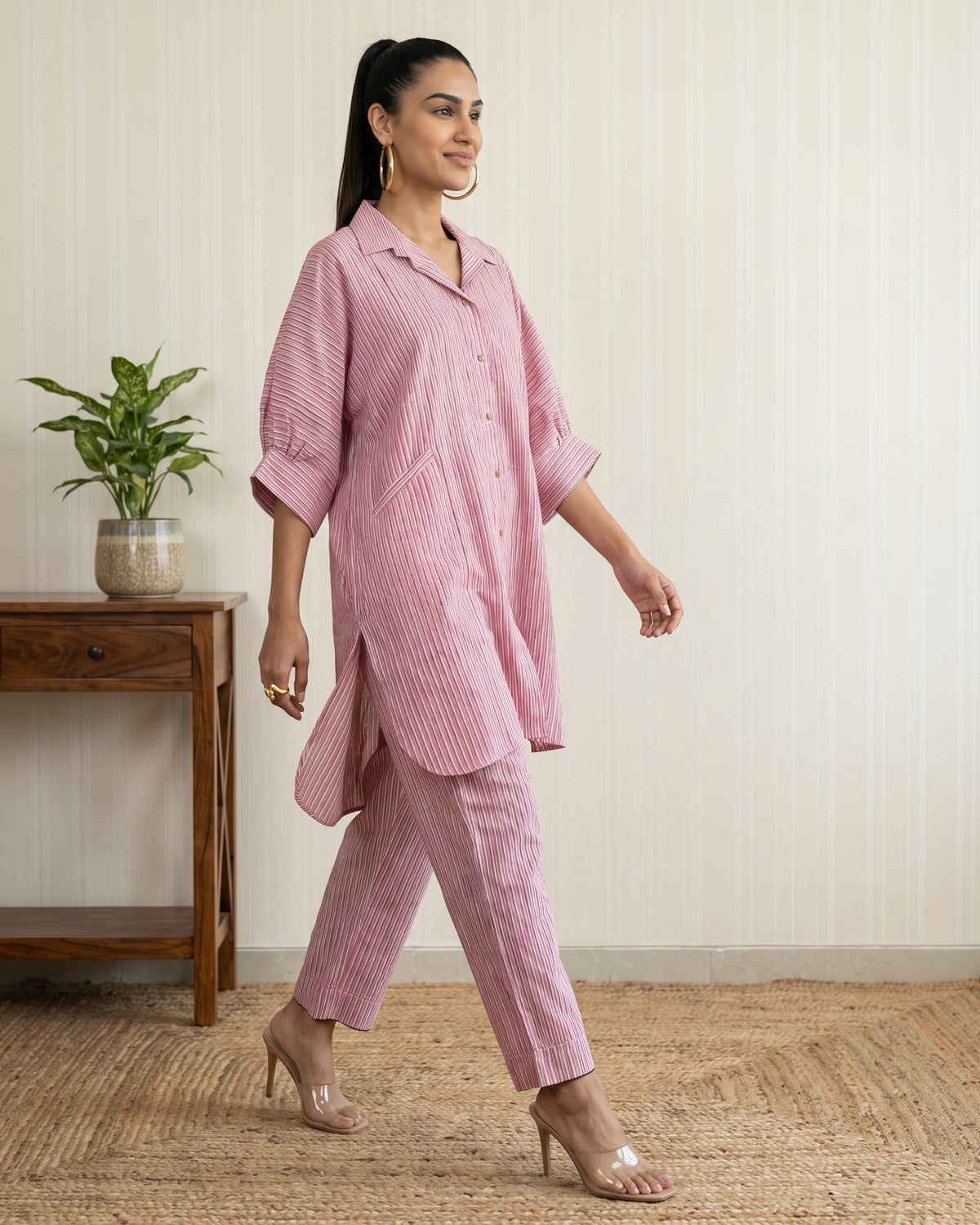 Pink Striped Cotton Shirt Kurta with Pants Co-ord Set