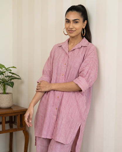 Pink Striped Cotton Shirt Kurta with Pants Co-ord Set