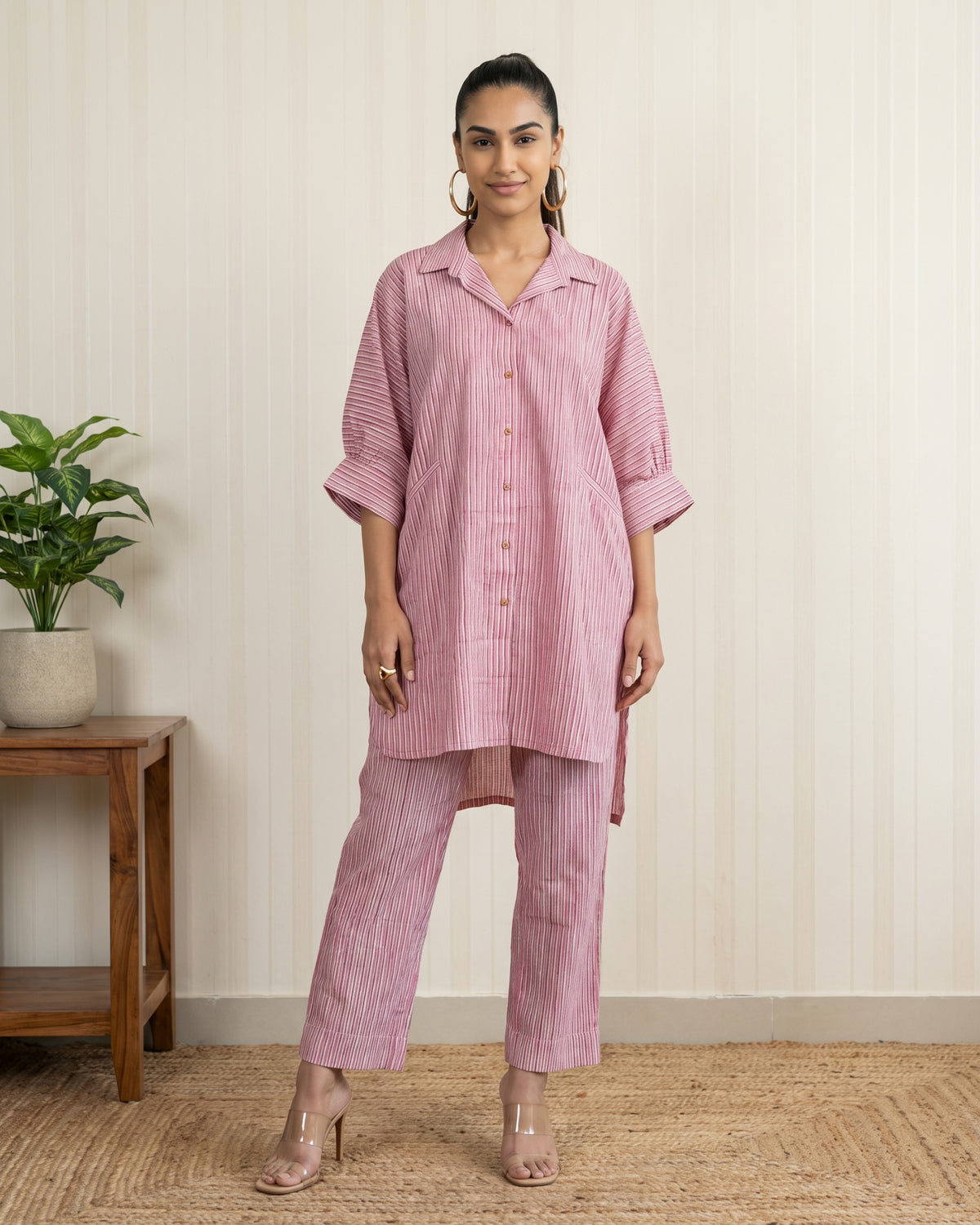 Pink Striped Cotton Shirt Kurta with Pants Co-ord Set