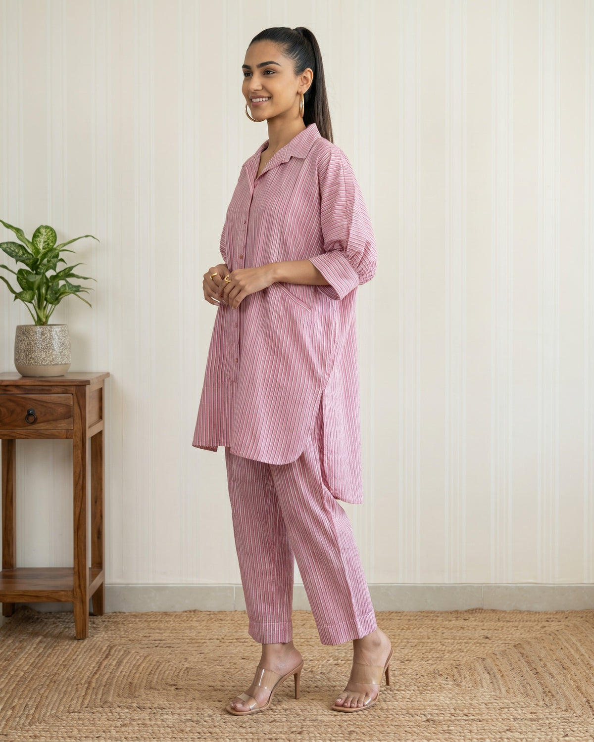 Pink Striped Cotton Shirt Kurta with Pants Co-ord Set