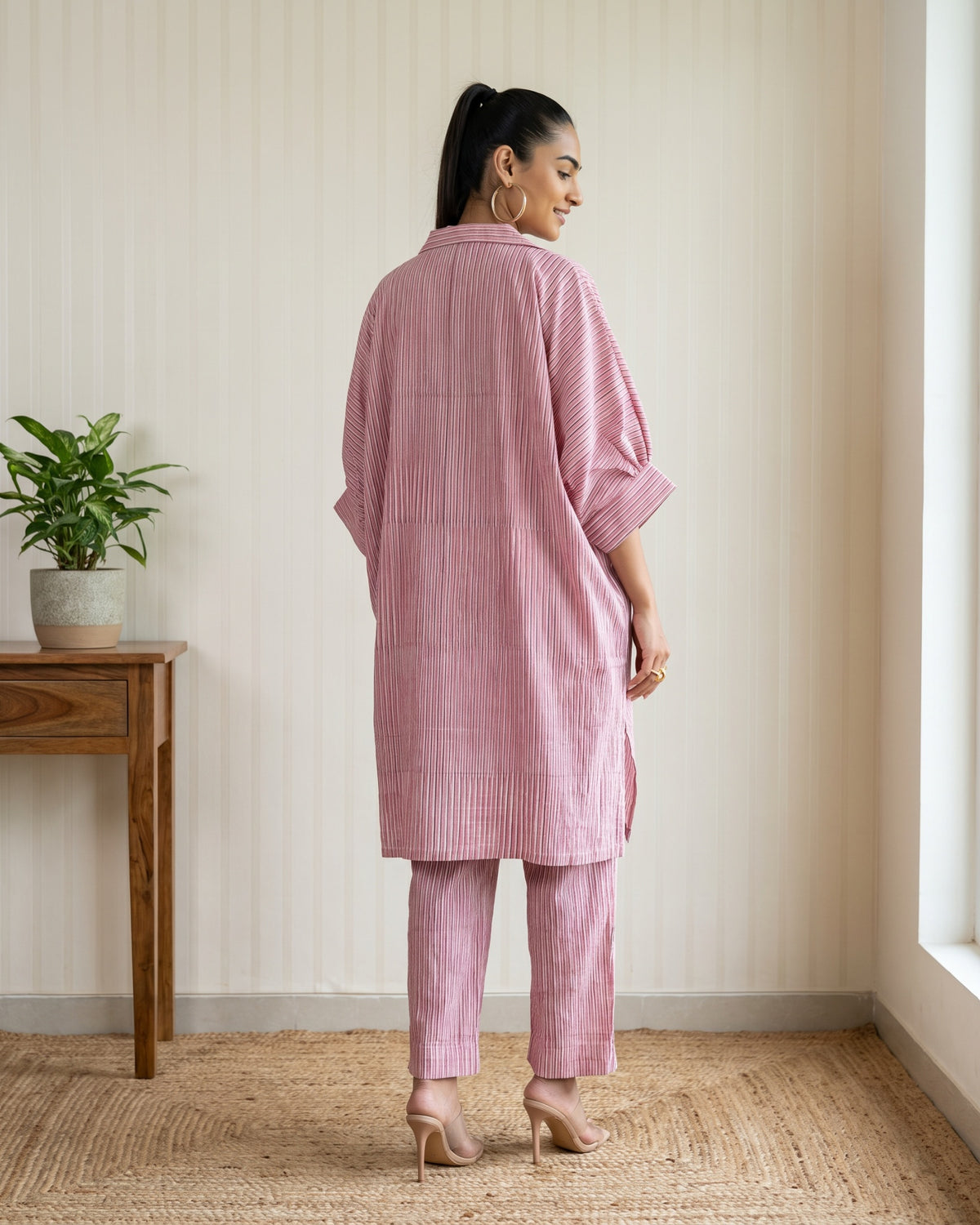 Pink Striped Cotton Shirt Kurta with Pants Co-ord Set