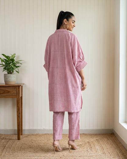 Pink Striped Cotton Shirt Kurta with Pants Co-ord Set
