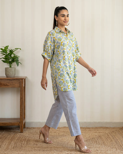 Green Floral Block Printed Shirt Kurta and Blue & White Stripes Pants Co-ord Set