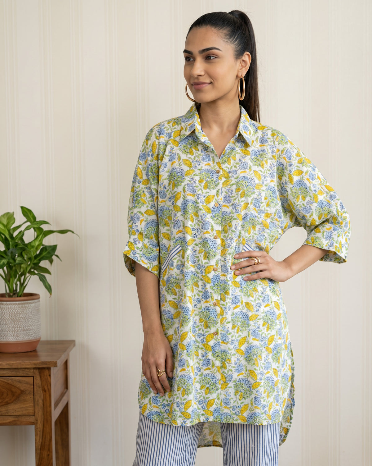 Green Floral Block Printed Shirt Kurta and Blue & White Stripes Pants Co-ord Set