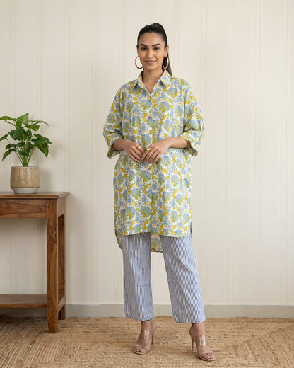 Green Floral Block Printed Shirt Kurta and Blue & White Stripes Pants Co-ord Set