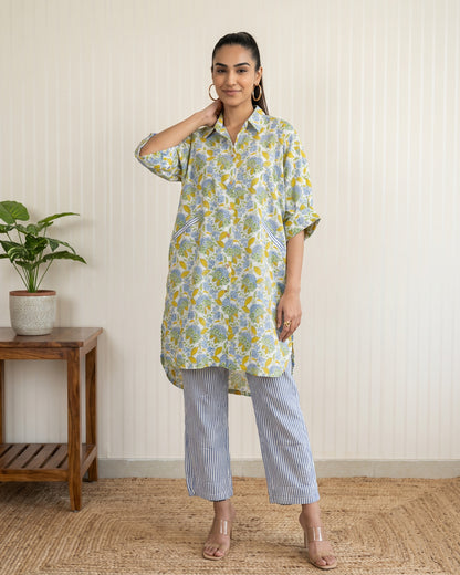 Green Floral Block Printed Shirt Kurta and Blue & White Stripes Pants Co-ord Set