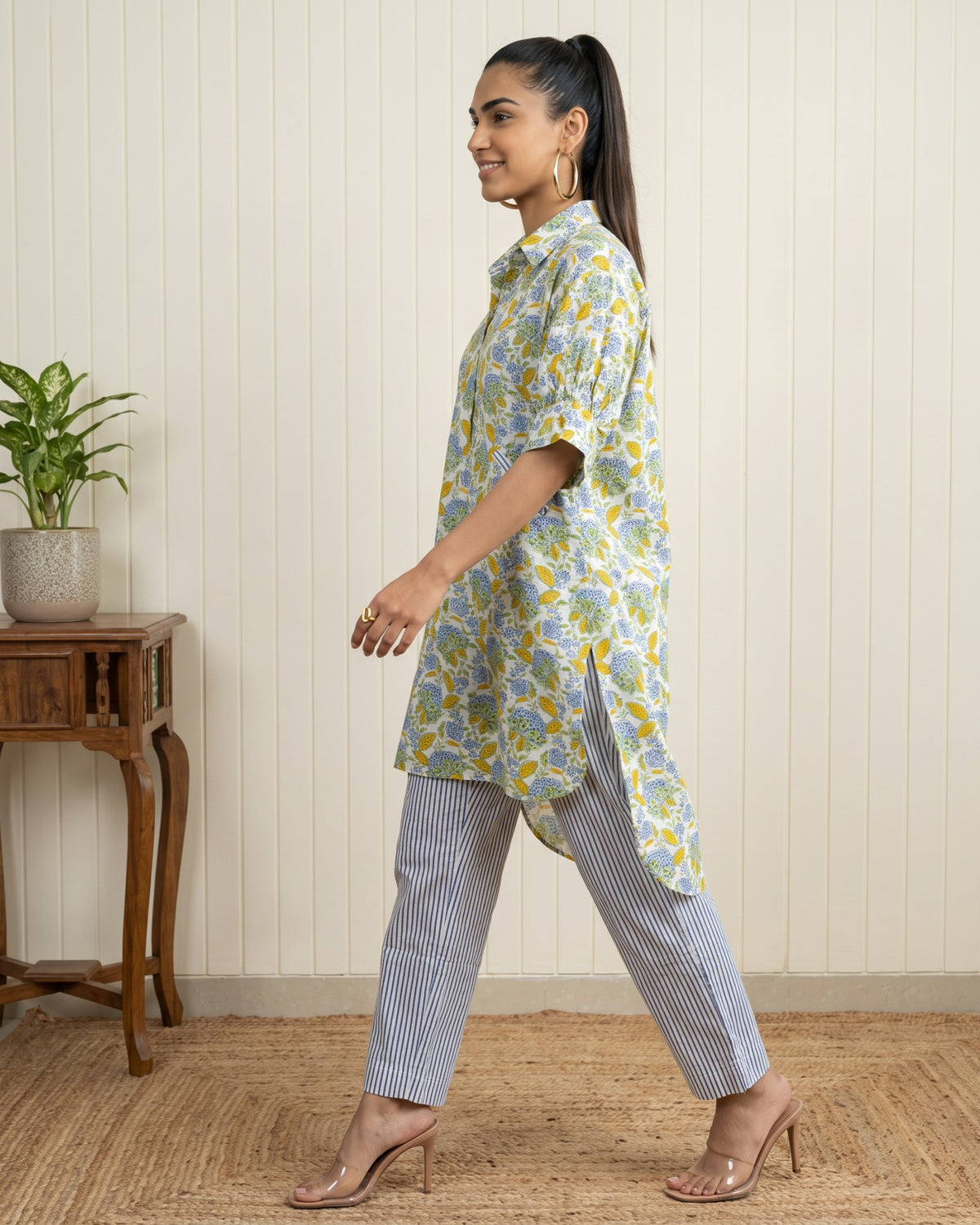 Green Floral Block Printed Shirt Kurta and Blue & White Stripes Pants Co-ord Set