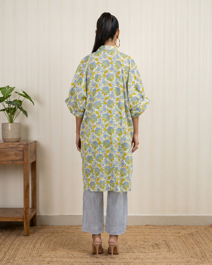 Green Floral Block Printed Shirt Kurta and Blue & White Stripes Pants Co-ord Set