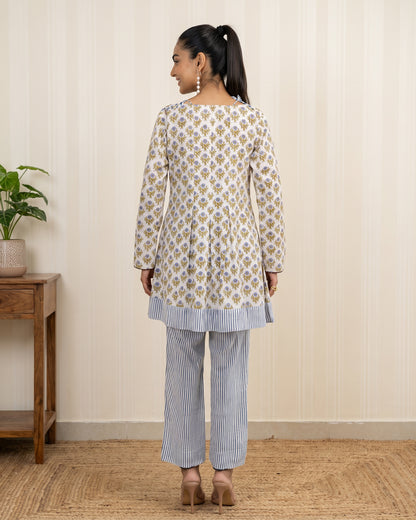 Green Block Printed Cotton Kurta with Striped Palazzo Co-ord Set