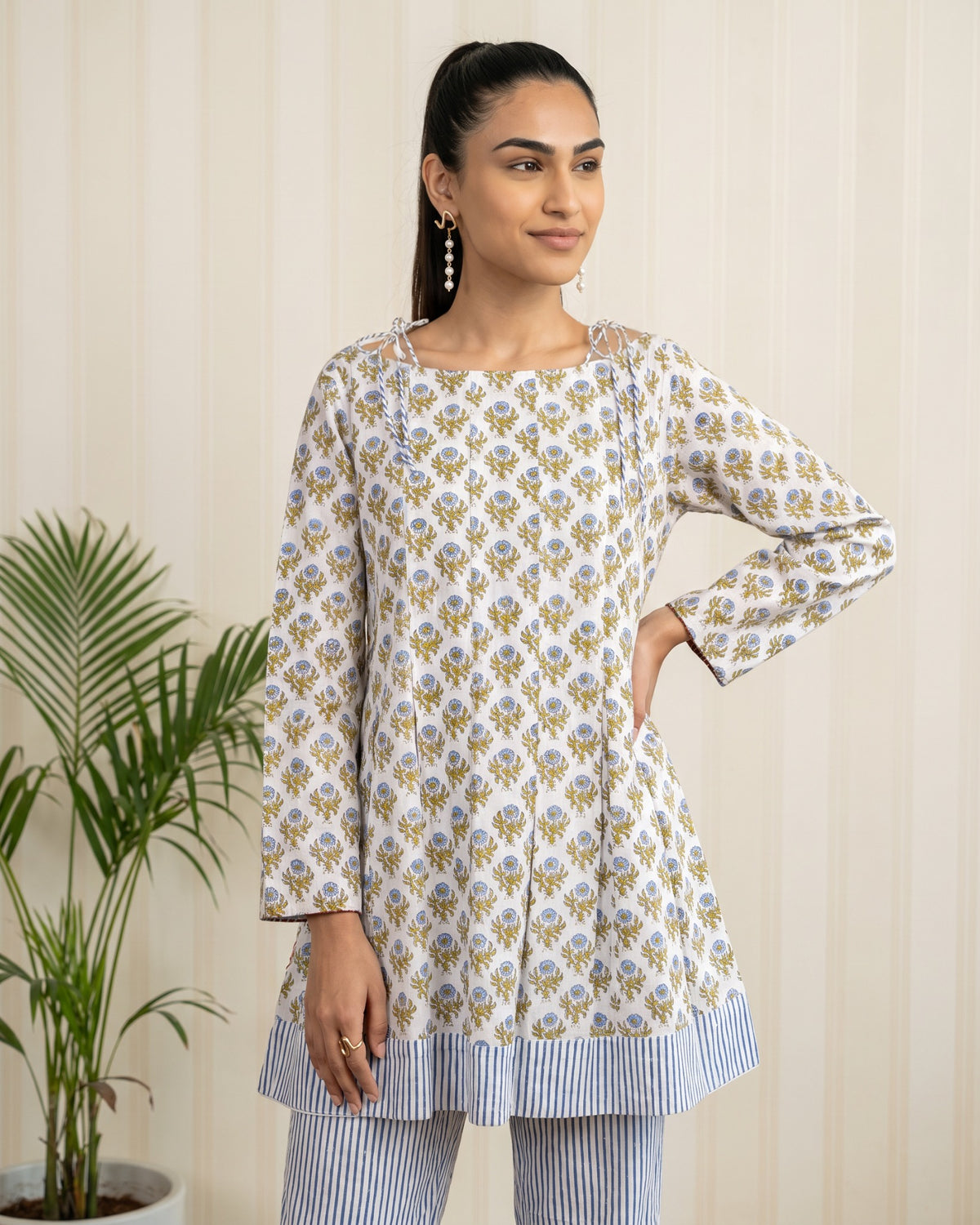 Green Block Printed Cotton Kurta with Striped Palazzo Co-ord Set