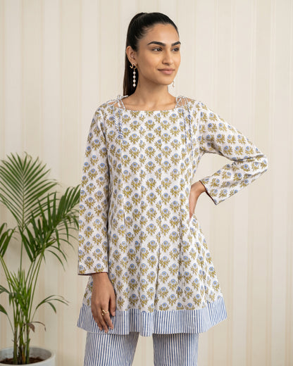 Green Block Printed Cotton Kurta with Striped Palazzo Co-ord Set