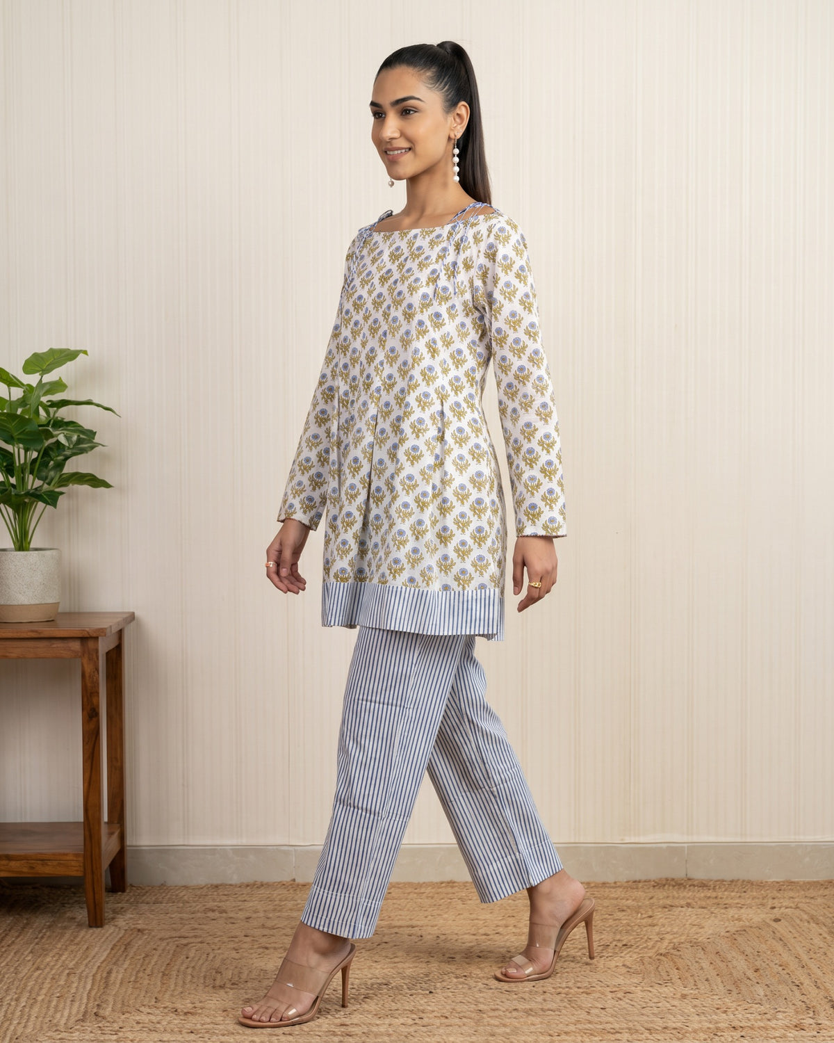 Green Block Printed Cotton Kurta with Striped Palazzo Co-ord Set