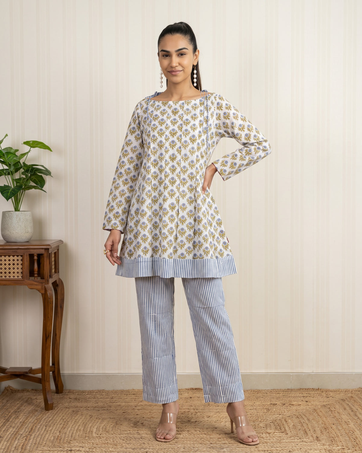 Green Block Printed Cotton Kurta with Striped Palazzo Co-ord Set