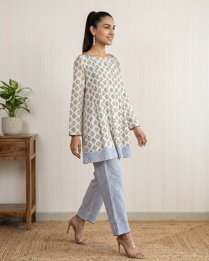 Green Block Printed Cotton Kurta with Striped Palazzo Co-ord Set
