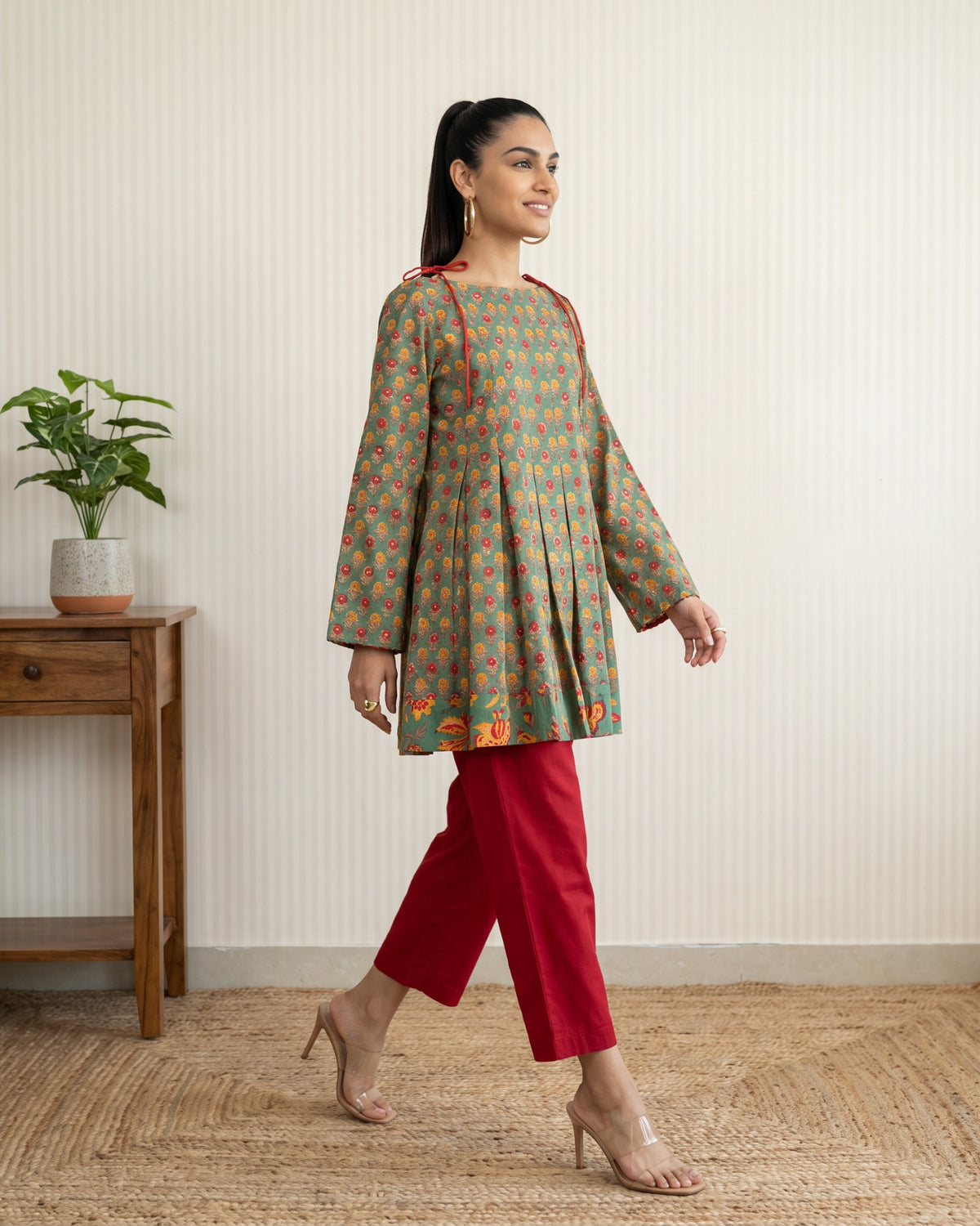 Green Floral Block Printed Cotton Kurta & Straight Pants