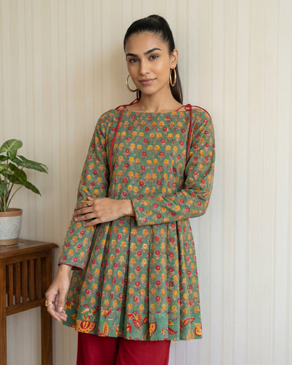 Green Floral Block Printed Cotton Kurta & Straight Pants