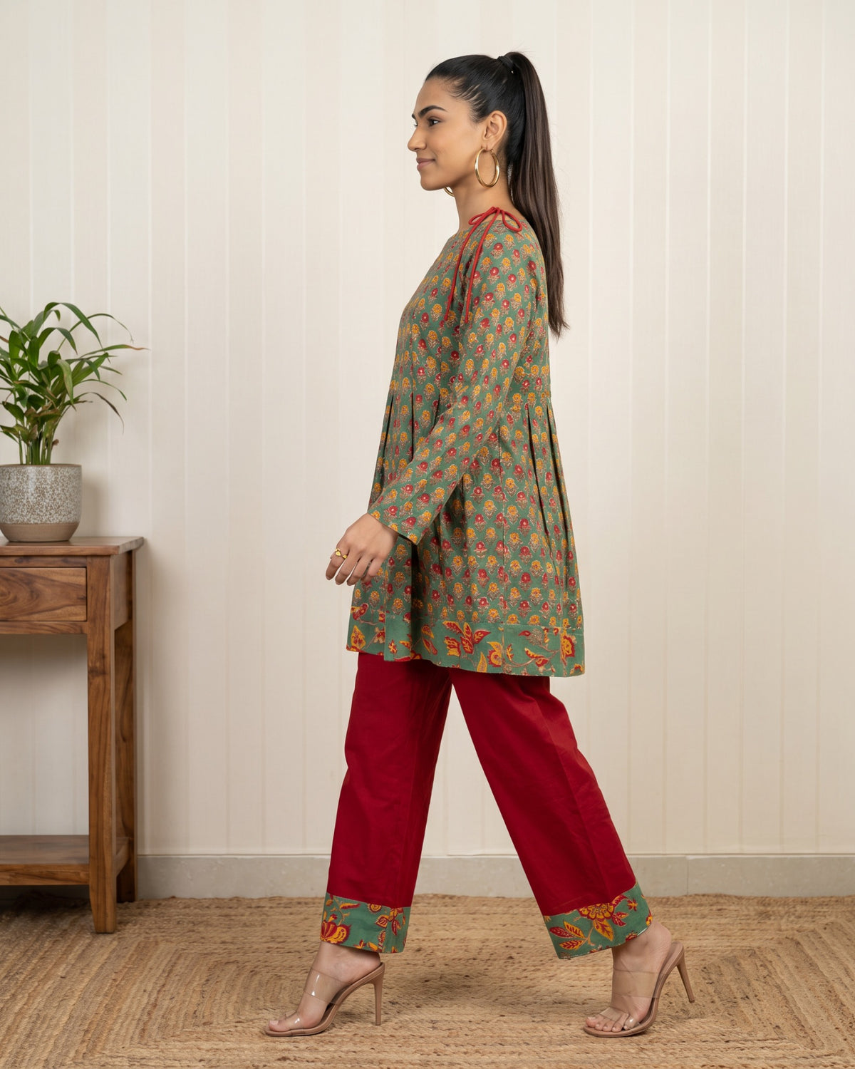 Green Floral Block Printed Cotton Kurta & Straight Pants