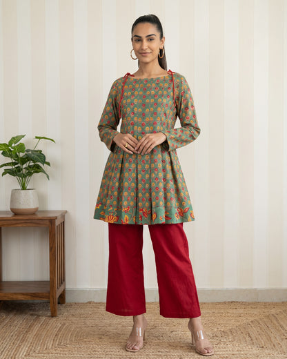 Green Floral Block Printed Cotton Kurta & Straight Pants