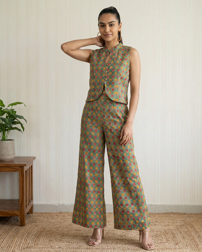 Green Hand Block Printed Long Jacket Co-Ord Set