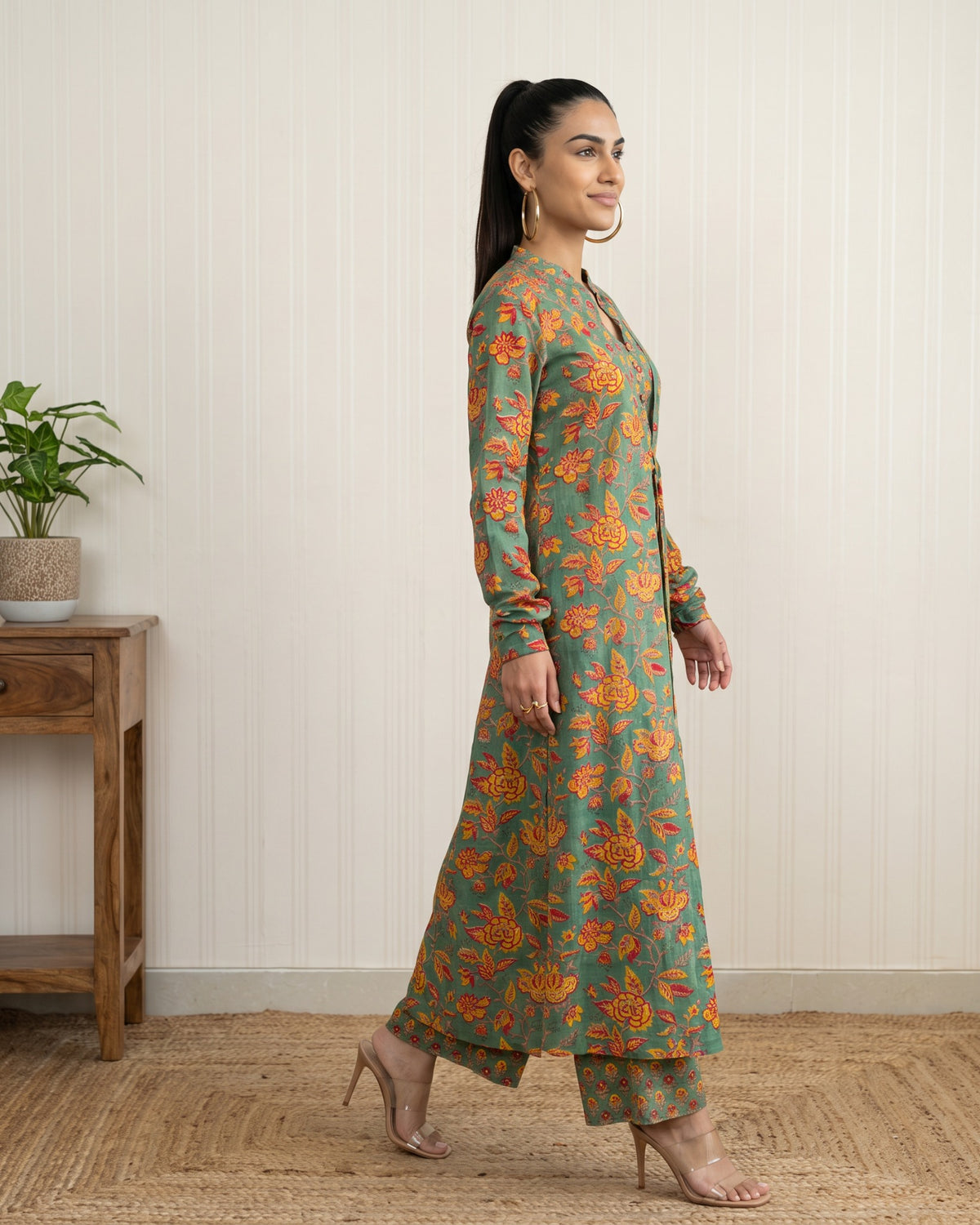 Green Hand Block Printed Long Jacket Co-Ord Set
