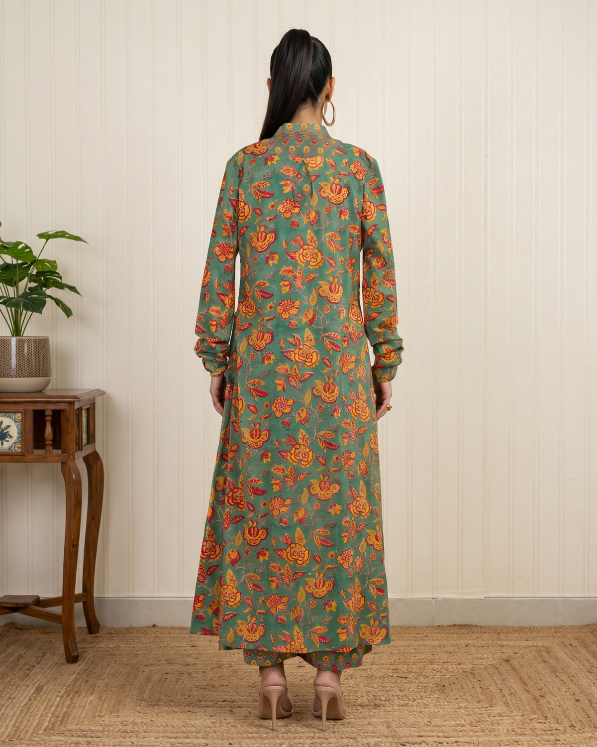 Green Hand Block Printed Long Jacket Co-Ord Set