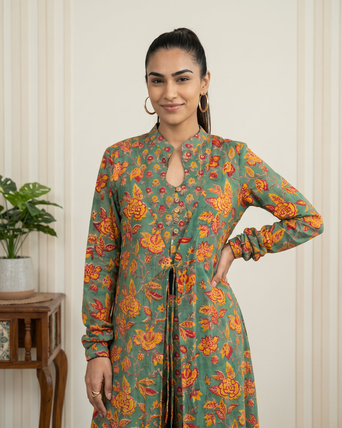 Green Hand Block Printed Long Jacket Co-Ord Set