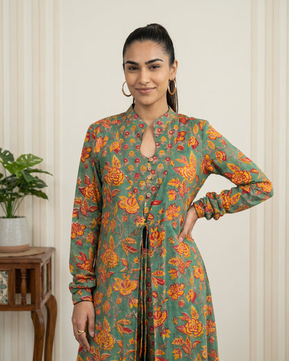 Green Hand Block Printed Long Jacket Co-Ord Set