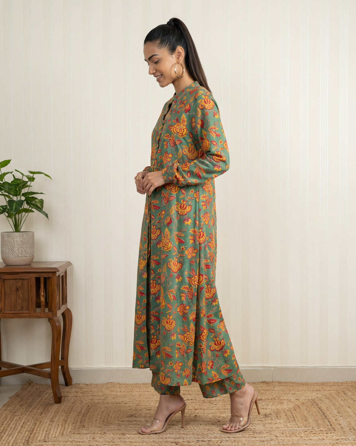 Green Hand Block Printed Long Jacket Co-Ord Set