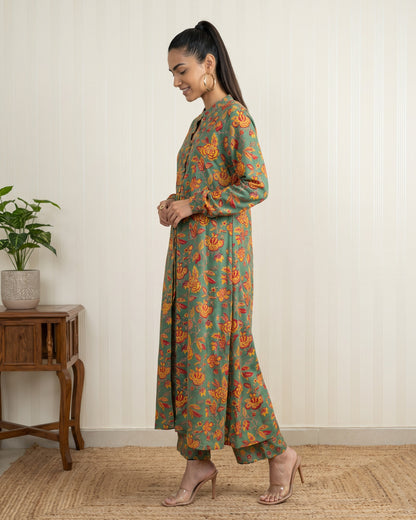 Green Hand Block Printed Long Jacket Co-Ord Set