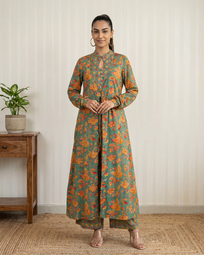 Green Hand Block Printed Long Jacket Co-Ord Set
