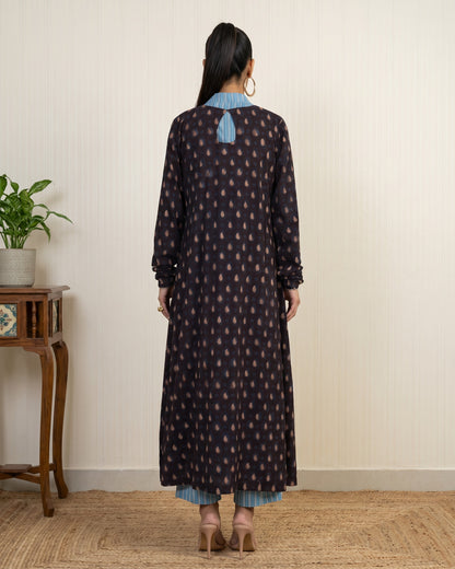 Blue Hand Block Printed Long Jacket Co-Ord Set